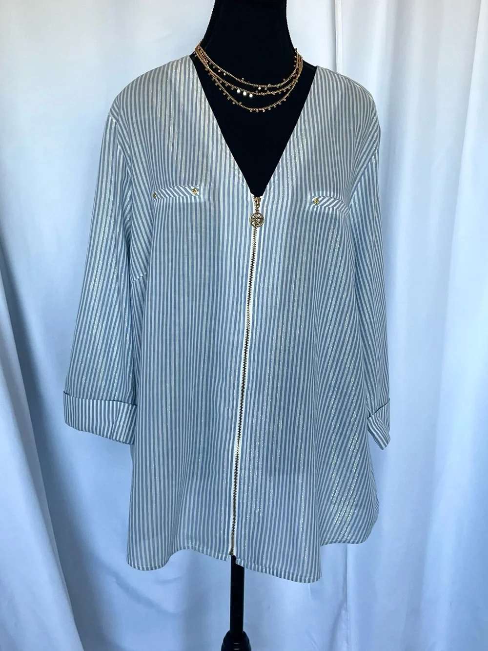 Anne Klein Swimsuit Cover Up Full Zip Blue White Gold Pinstripe Coastal Size XL
